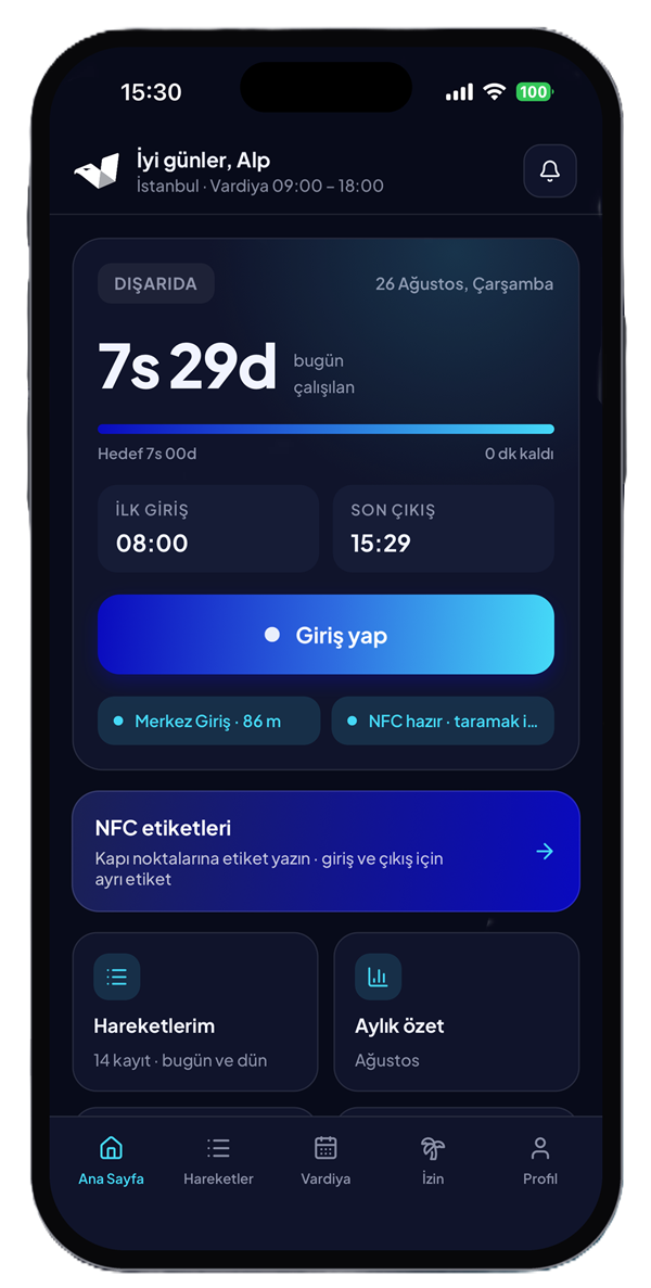 Milvus mobil uygulaması, koyu tema: NFC ile giriş yap ekranı